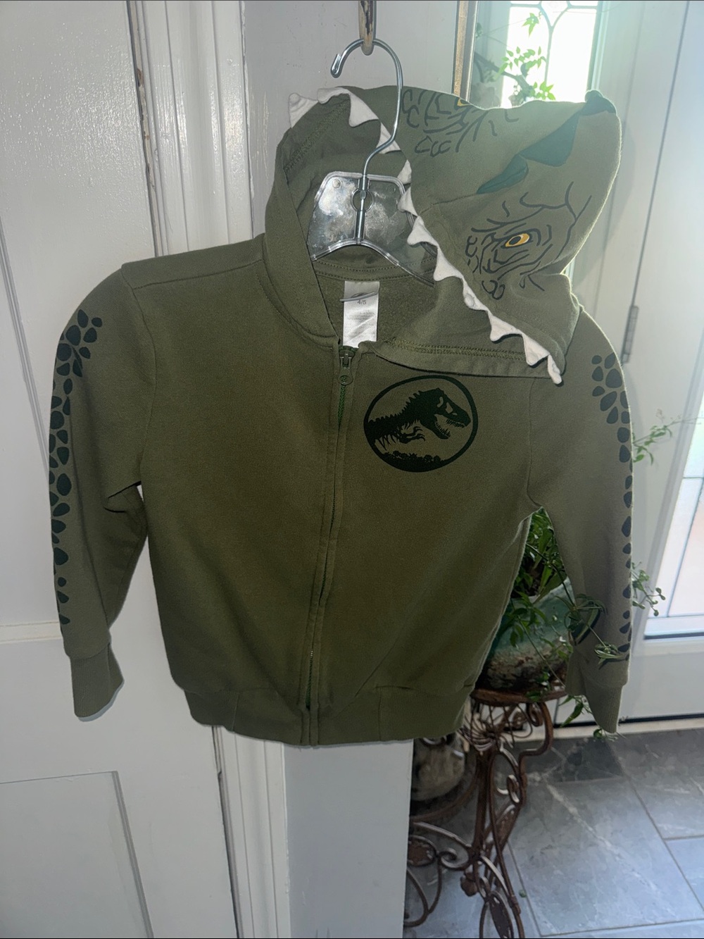 Kids Jurassic Park Olive Green Dinosaur Zip Hoodie with Dino Hood